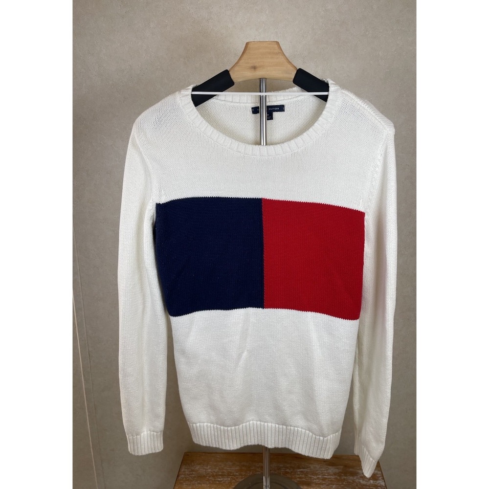 Tommy Hilfiger vintage Withe knitted big logo sweater‎ Size M